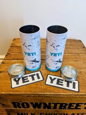 YETI White & Blue Stash Cans Fish Print - Set of 2 Stash Cans With Stickers